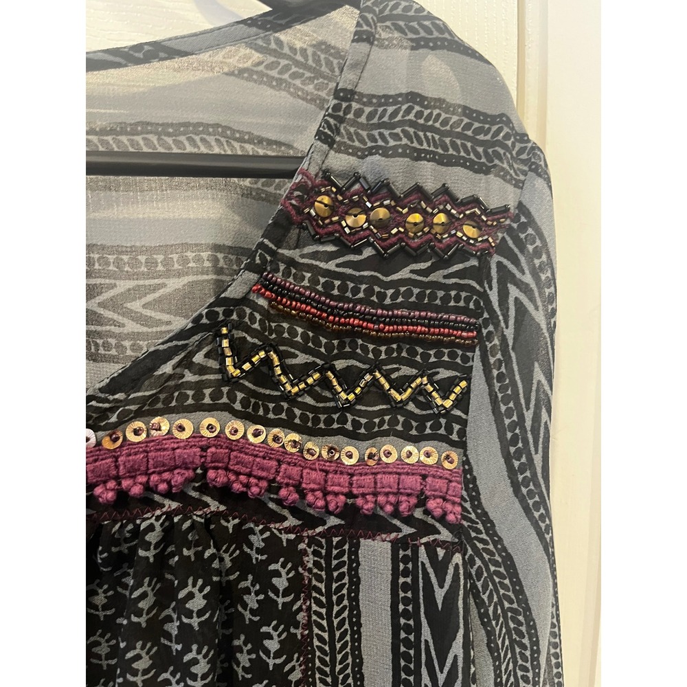 Free People Black Patterned Beaded Tunic Top Long Sleeve Women Medium Sheer Boho - Picture 6 of 14